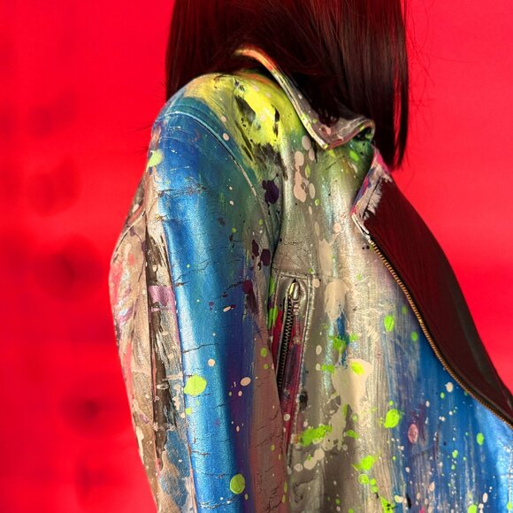 Upcycled Unique Abstract Leather Jacket – Festival & Street Style Fashion - Picture 9 of 12